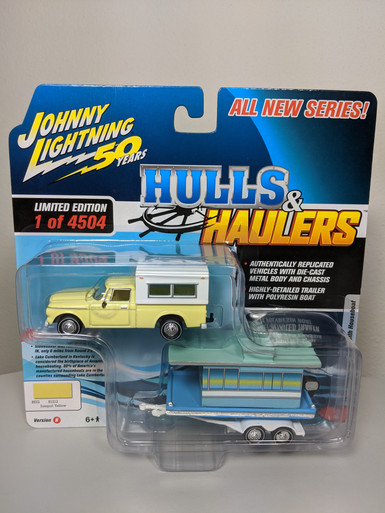 1:64 Hulls & Haulers 1960 Studebaker Pickup Jonquil Yellow and Camper with  Houseboat by Johnny Lightning