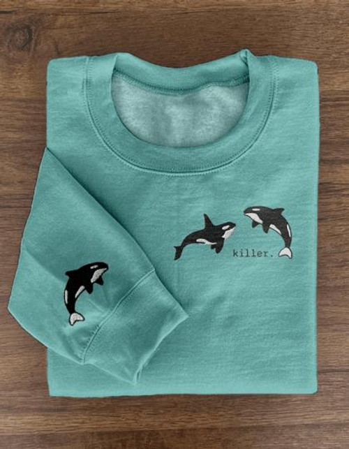 ELLE Killer Whale Embroidered Crew Neck Cozy Sweatshirt
