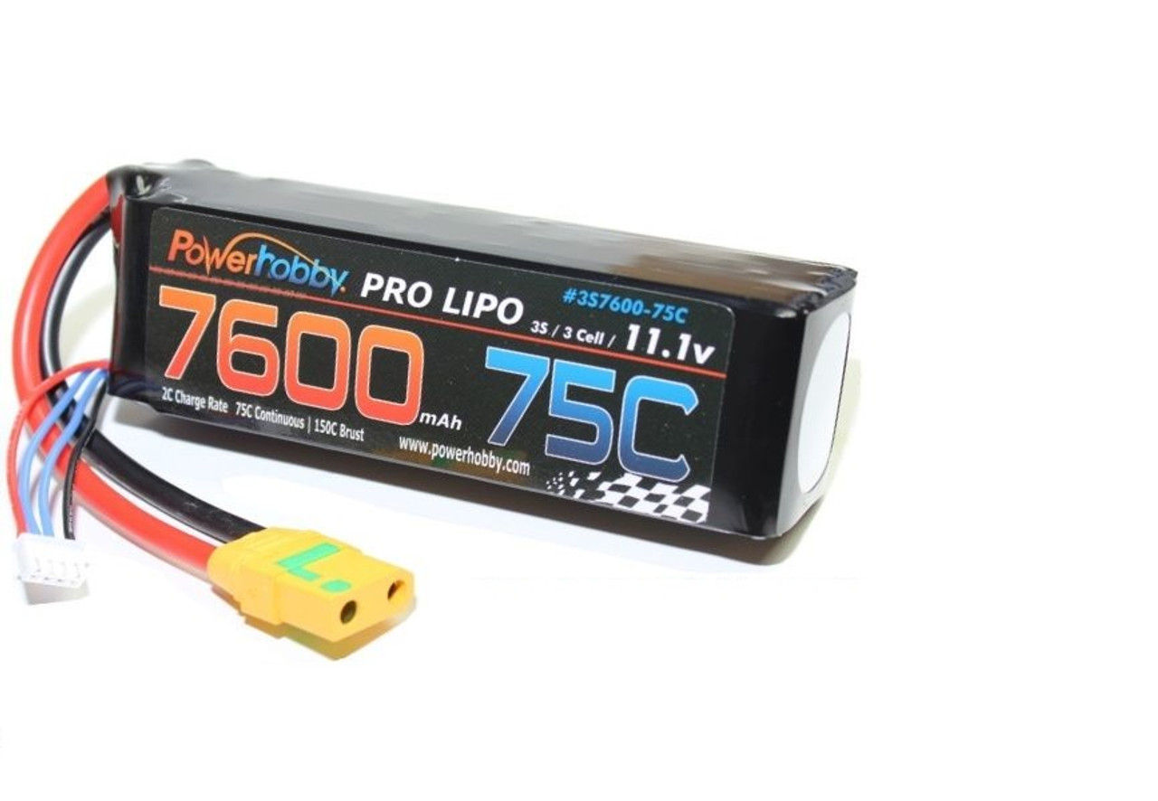 Power Hobby 7600mAh 11.1V 3S 75C LiPo Battery with Hardired XT90 PHB3S760075CXT90
