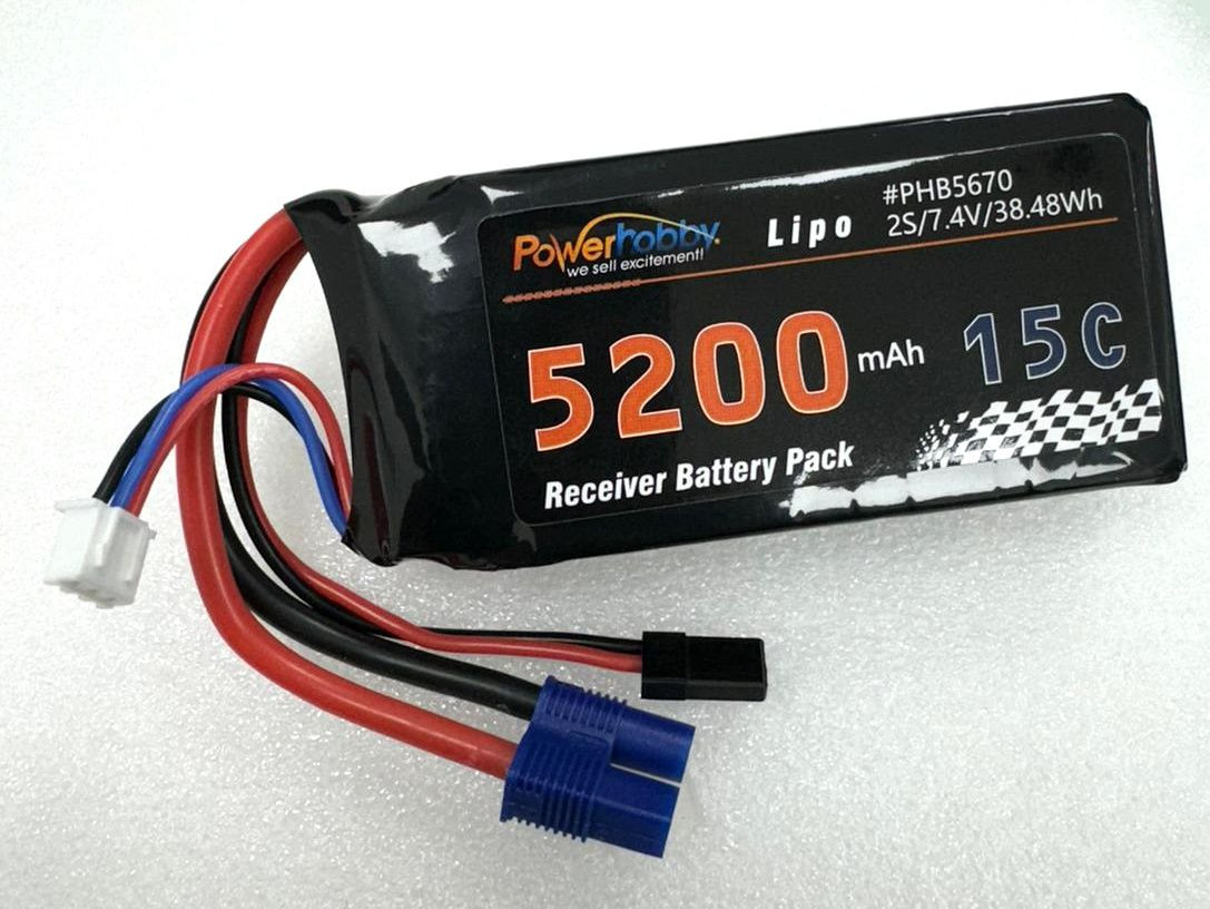 Power Hobby 2S 5200mah 15C LiPo Battery w/EC3 & JR Connector Receiver PHB5670