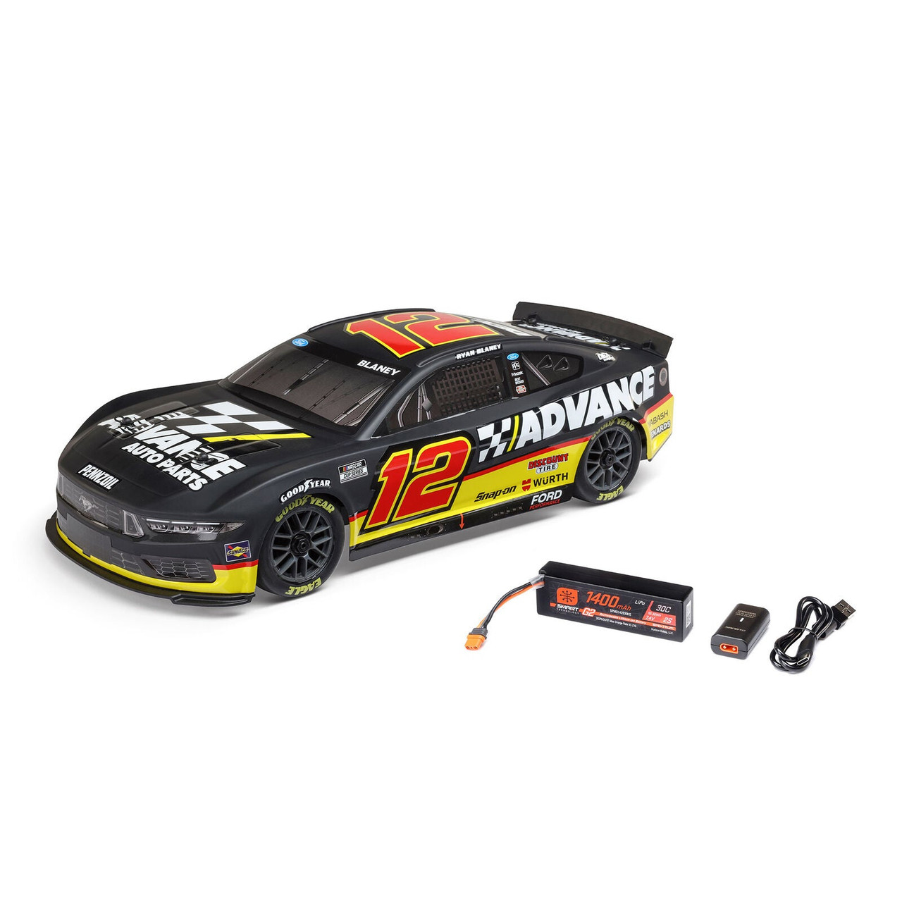 Losi 1/12 NASCAR RC Racecar Ryan Blaney No. 12 2025 Advance Auto Ford Mustang 2S AWD RTR Brushed On-Road (Battery & Charger included, Black Losi 1/12 NASCAR RC Racecar Ryan Blaney No. 12 2025 Advance Auto Ford Mustang 2S AWD RTR Brushed On-Road (Battery & Charger included, Black
