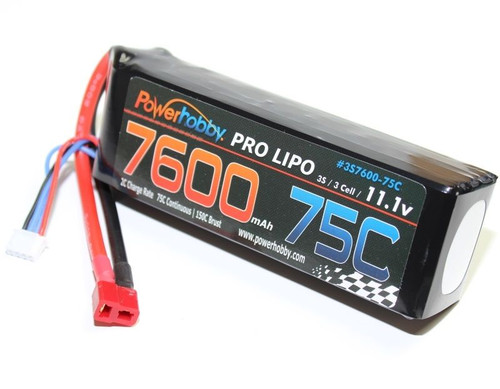 7600mAh 11.1V 3S 75C LiPo Battery with Hardwired T-Plug 7600mAh 11.1V 3S 75C LiPo Battery with Hardwired T-Plug