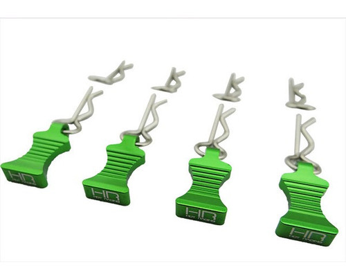 Hot Racing 1/10 Green Alum EZ Pulls, 4pcs and Body Clips (8pcs) HRAAC03EZ05