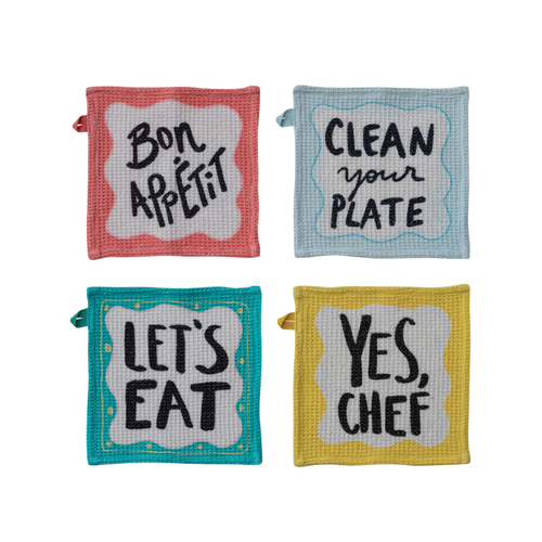 Cotton Waffle Weave Dish Cloth w/ Culinary Saying, 4 Styles-Creative Co-op-DG0933A