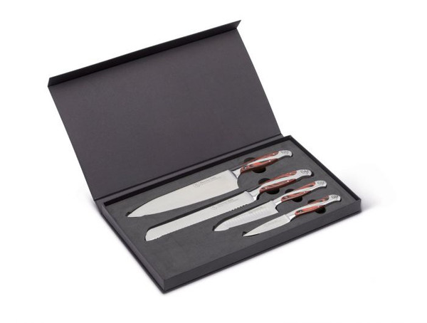 This set includes the most commonly used/needed knives:

8" Chef's Knife

8" Serrated Bread Knife

5.5" Santoku

3.5" Paring Knife