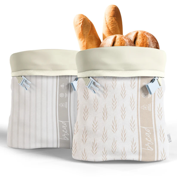 Beeswax Bread Bags (Grey Stripe, Wheat), 2-Nectar & Nest