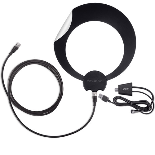 Hero image of the ClearStream Eclipse Amplified TV Antenna black side with Jolt amplifier