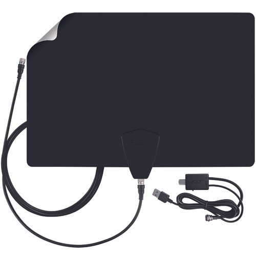 Hero image of the ClearStream FLEX TV antenna black side with Jolt Switch amplifier showing