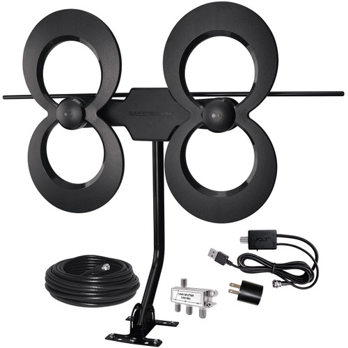 Hero image of the ClearStream 4MAX Complete TV Antenna with cable, splitter, amplifier, mast and USB power adapter showing