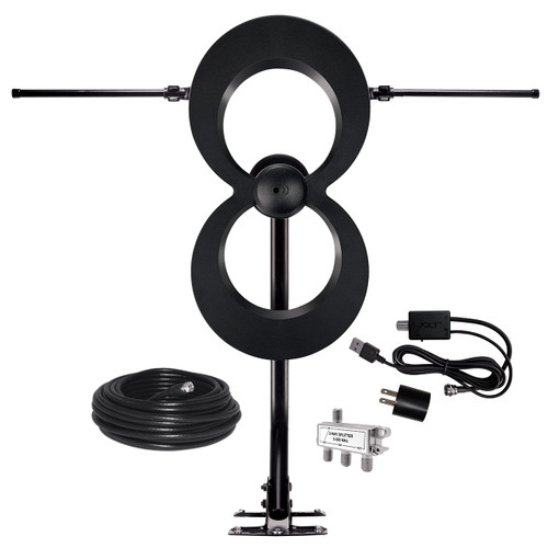 Hero image of C2M-AC TV antenna with coiled cable, Jolt switch amplifier, splitter and mounting hardware shown