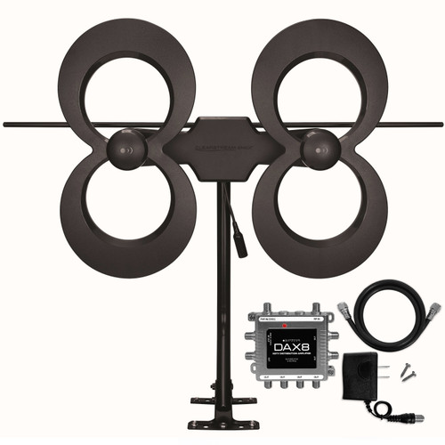 Hero image of the ClearStream 4MAX antenna on a mast with the DAX 4-output distribution amplifier, coaxial cable, and power adapter