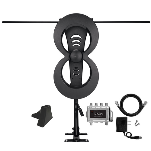 Kit image of the ClearStream 2MAX antenna on a mast with an indoor base stand, the juice4 distribution amplifier, short coaxial cable and power supply