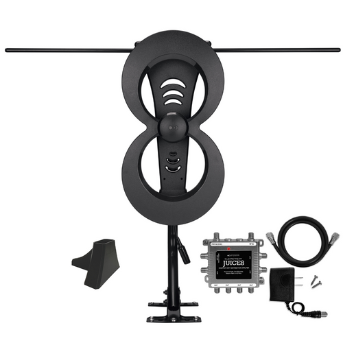 Kit image of the ClearStream 2MAX antenna on a mast with the indoor base stand, 
JUICE8 distribution amplifier, short coaxial cable and power supply