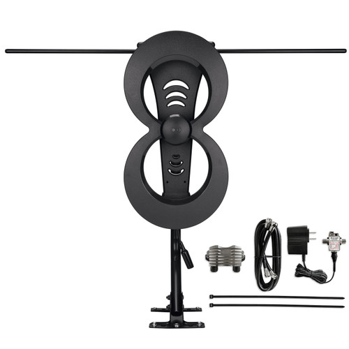 Hero image of the ClearStream 2MAX antenna on a mast with the Juice preamplifier, coaxial cable, power inserter with adapter, and zip ties