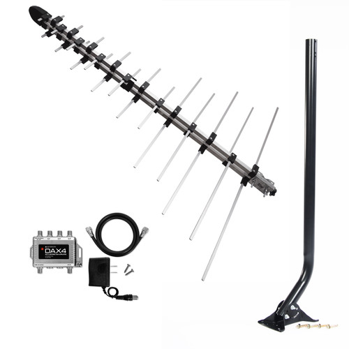 Kit image of the Element antenna, 40 inch Mast, DAX4 distribution amplifier, short cable and power supply