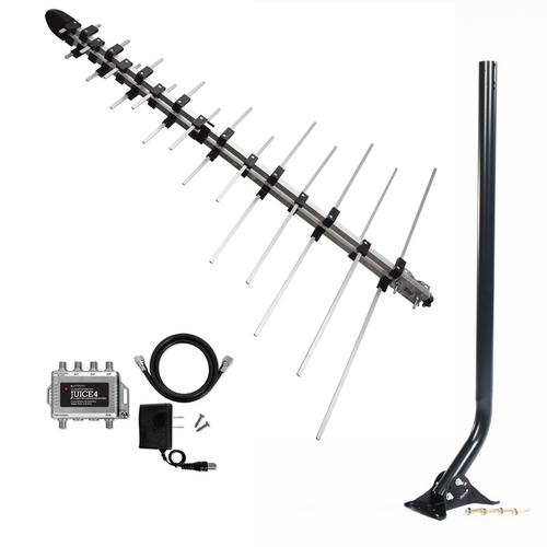 Kit image of the Element antenna, 40 inch Mast, JUICE4 distribution amplifier, short cable and power supply