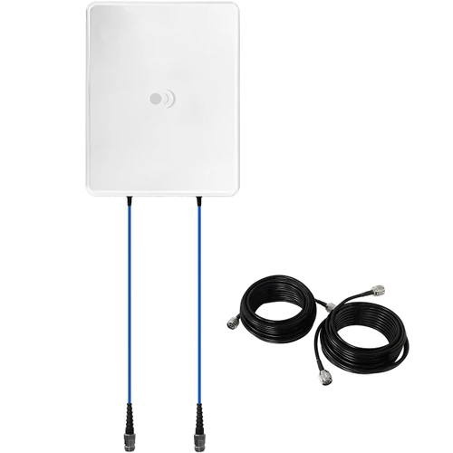 Hero image front view of the 5G 2X2 MIMO antenna with the 2 30 ft coaxial cables included in the kit