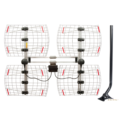 Hero image of the DB8E 8-bay Bowtie antenna and a 40-inch mast