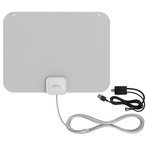 Hero image of the LEAF indoor antenna with 12 ft. coaxial cable and the Jolt Switch in-line amplifier with on and off switch