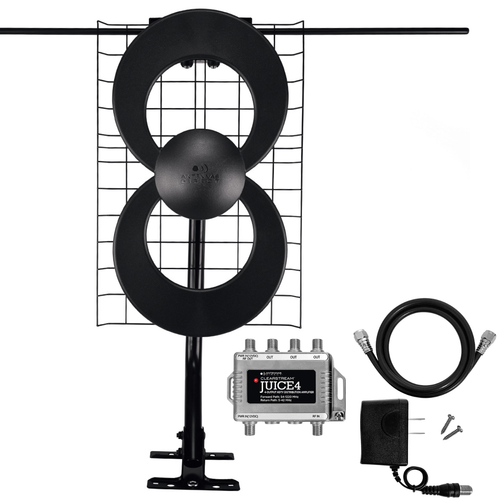 Kit image of the ClearStream 2V antenna on a mast, the juice4 distribution amplifier