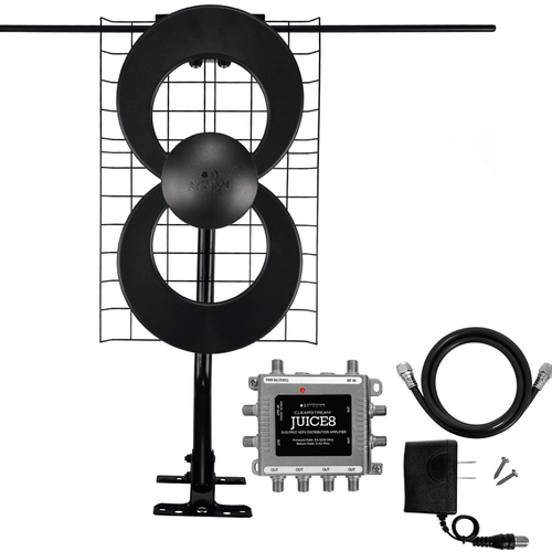 Kit image of the ClearStream 2V antenna on a mast, the juice8 distribution amplifier