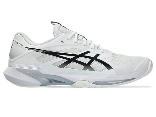 Right side view of ASICS Men’s Solution Speed FF 4 court shoe in white, showcasing the lightweight construction, cushioned sole, and stable design engineered for quick movements and competitive court performance.