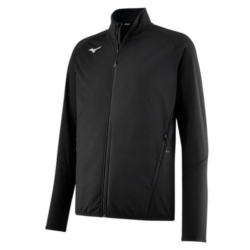 Front view of the Mizuno Alpha X Sport Jacket in black featuring a full-zip athletic design ideal for volleyball warmups, travel, and training.