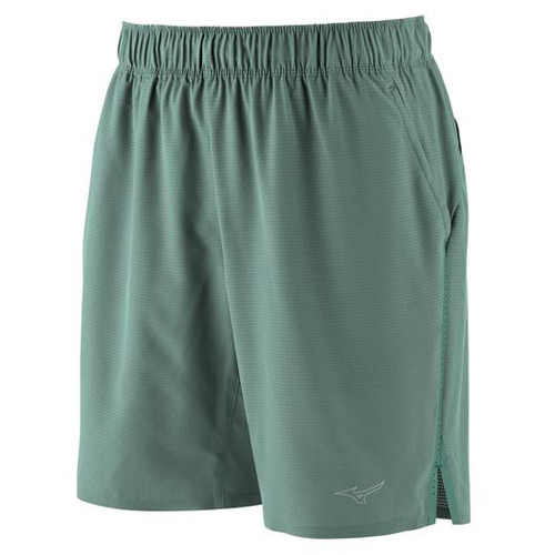Front view of the Mizuno Men's Perform 9" Short Linerless in green featuring lightweight performance fabric and a 9-inch inseam built for volleyball training, gym workouts, and athletic activity.
