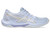 ASICS Women’s Gel-Rocket 12 volleyball shoes in Blue Shade and Champagne, lateral side view