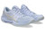 ASICS Gel-Rocket 12 women’s volleyball shoes in Blue Shade/Champagne, angled back view