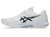 Left side profile of ASICS Men’s Solution Speed FF 4 court shoe in white with black detailing, featuring a streamlined upper, supportive midsole, and durable outsole designed for fast-paced tennis and indoor court play.