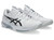 Pair of ASICS Men’s Solution Speed FF 4 court shoes in white with black ASICS logo, shown from a front angled view, highlighting the lightweight design, breathable upper, and responsive cushioning built for speed and agility on court surfaces.