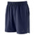 Front view of the Mizuno Men's Perform 9" Short Linerless in navy blue featuring moisture-wicking performance fabric and an athletic fit for volleyball training and workouts.