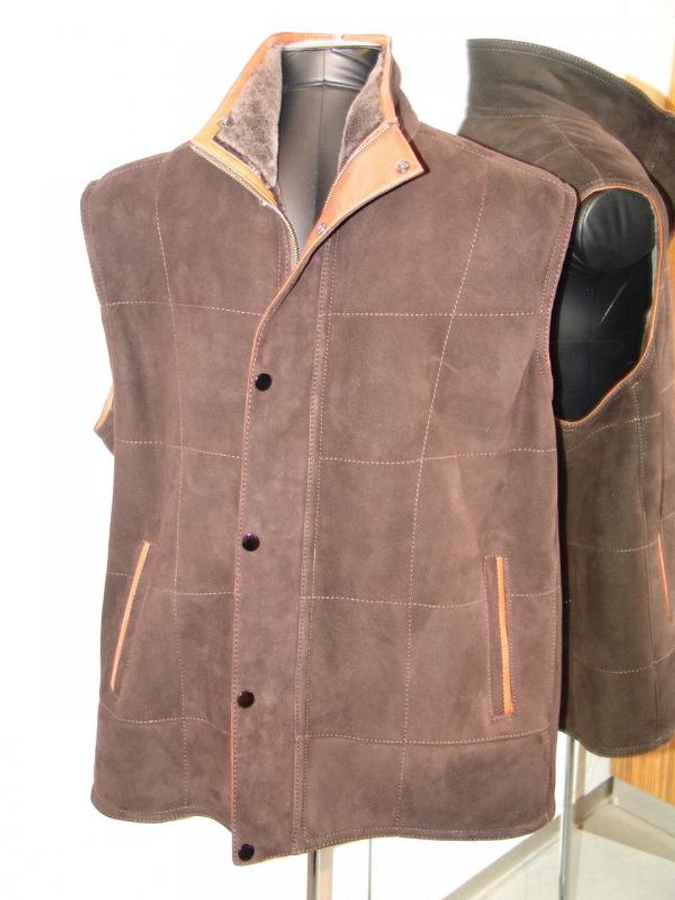 Pelleline Shearling Vest Chocolate Brown With Tan Trim | PelleLine.com