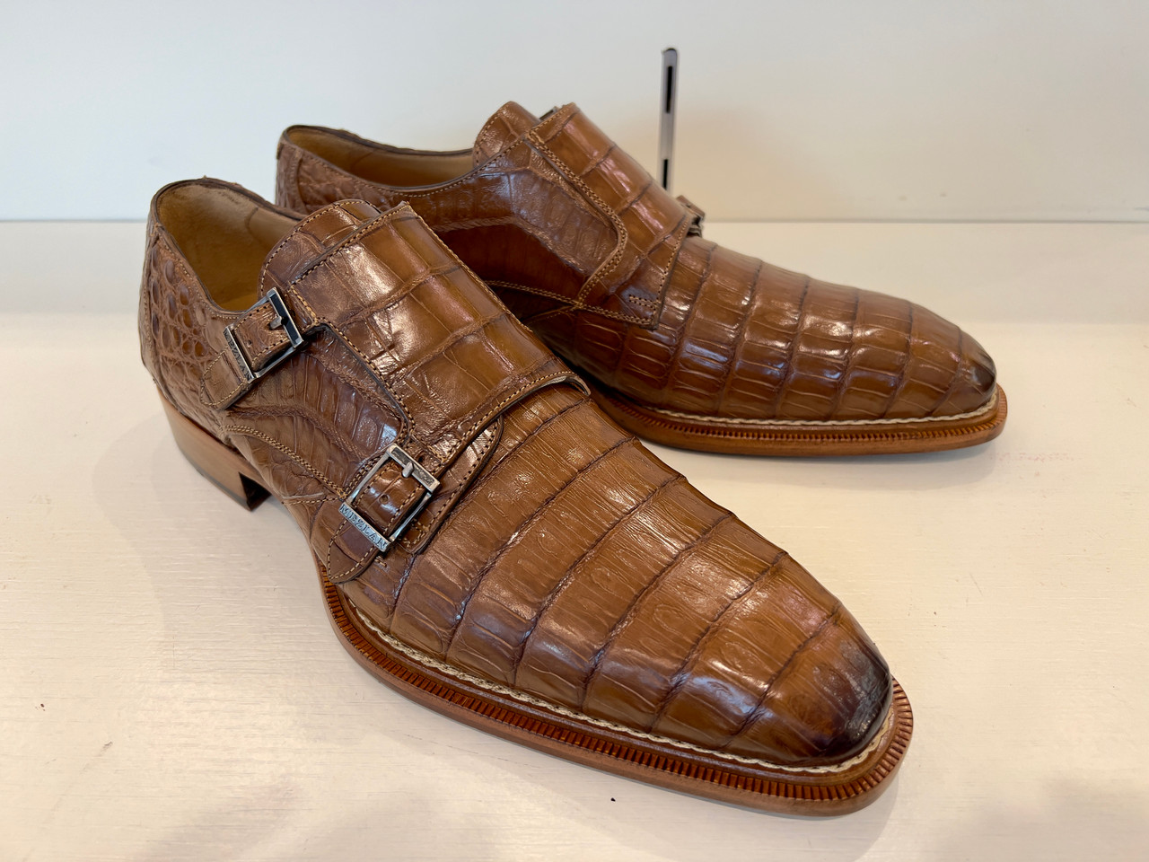 Handmade Men Brown Crocodile Shoes, Men Double Monk Dress Shoe