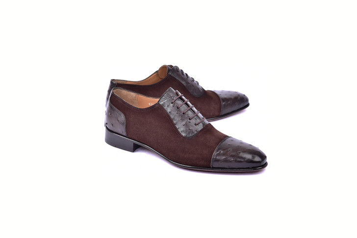 Corrente 6708- Cap toe Genuine Ostrich Lace up- Brown Suede