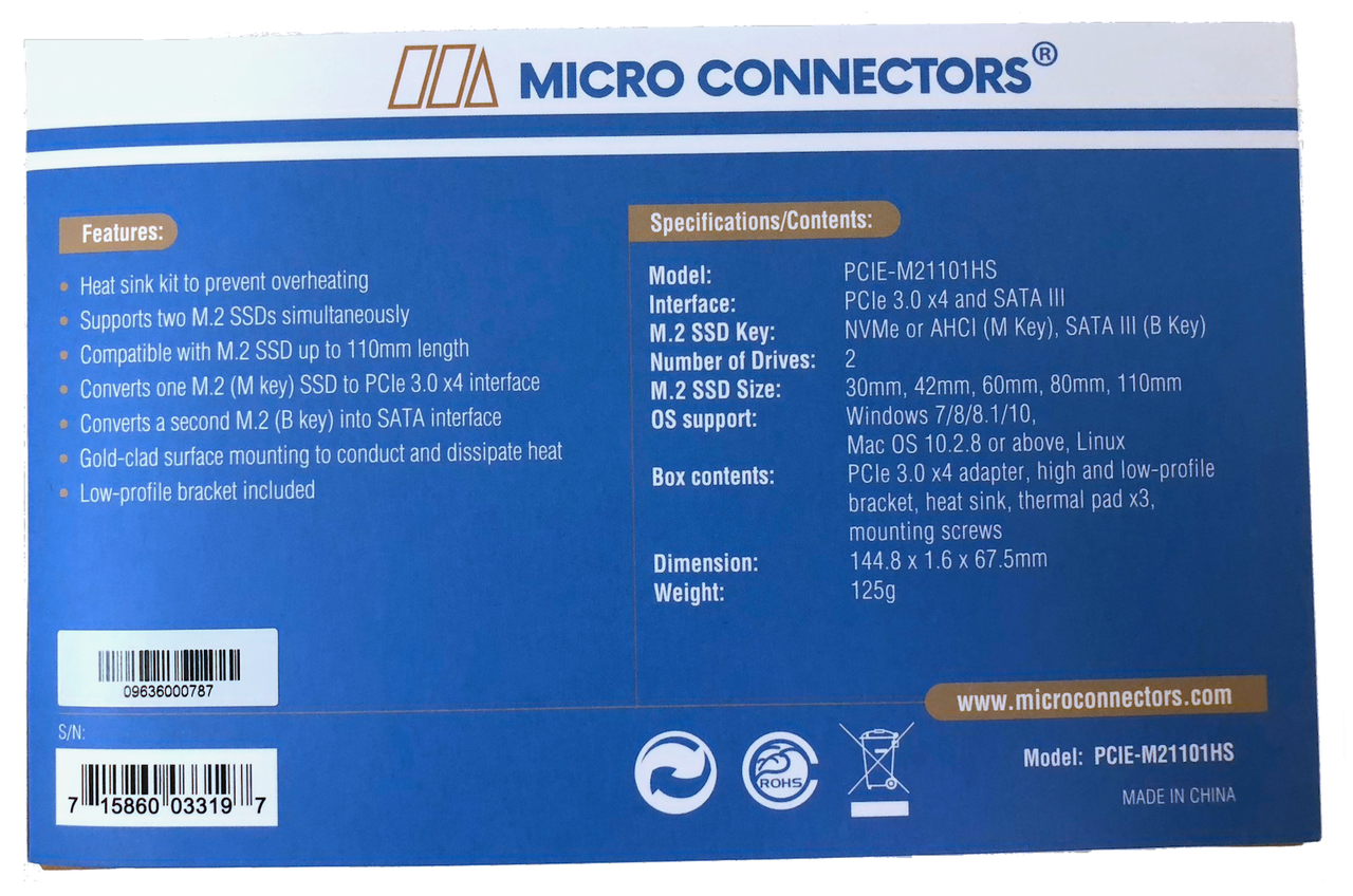 M.2 NVMe + M.2 SATA 110mm SSD PCIe x4 Adapter with Heat Sink