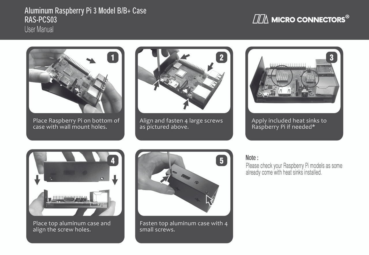 Raspberry Pi 3 Model B+ ・ケース等付属品セット Aluminum Raspberry Pi 3 Model B/B+ Case (Silver) - Micro