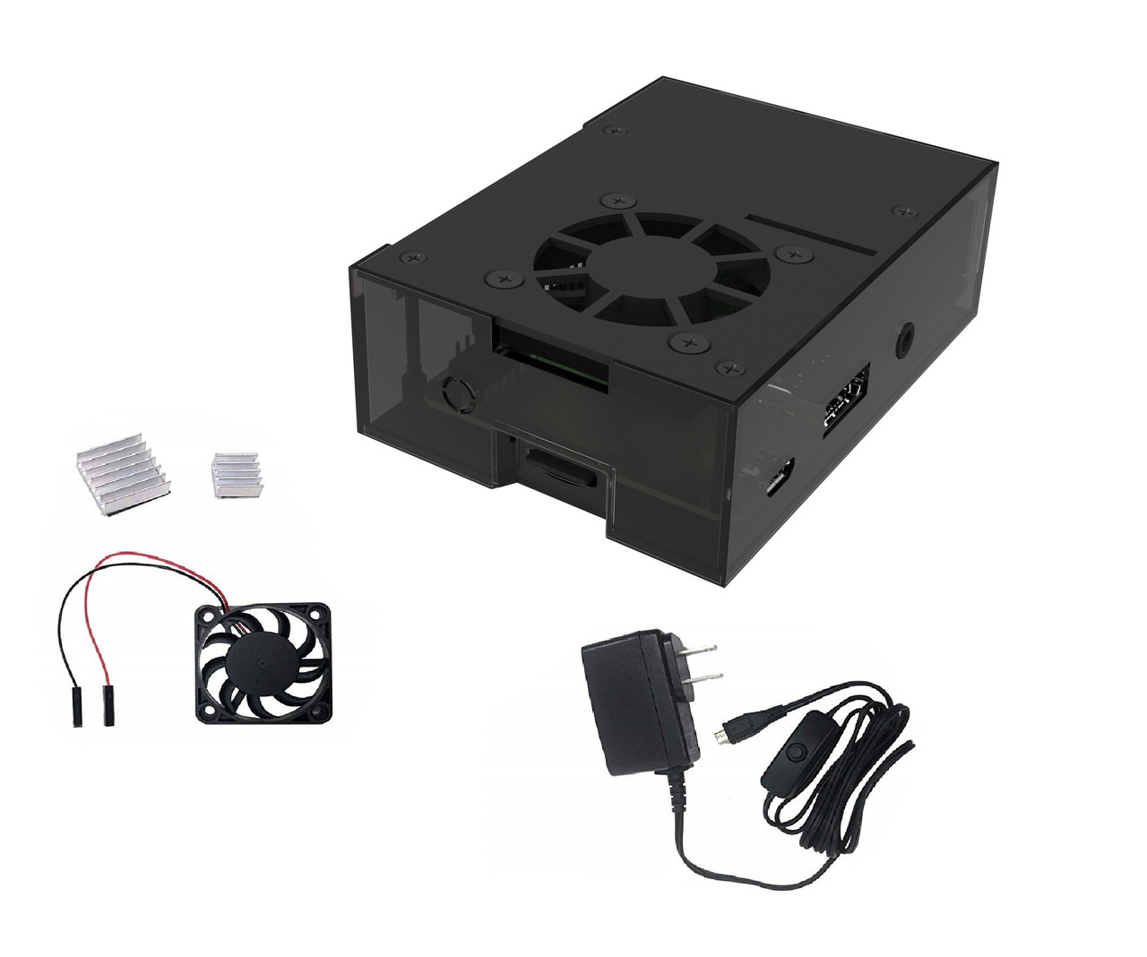 Aluminum Raspberry Pi and ASUS Tinker Board Case with Fan and ETL Listed ON/OFF Switch Power Adapter
