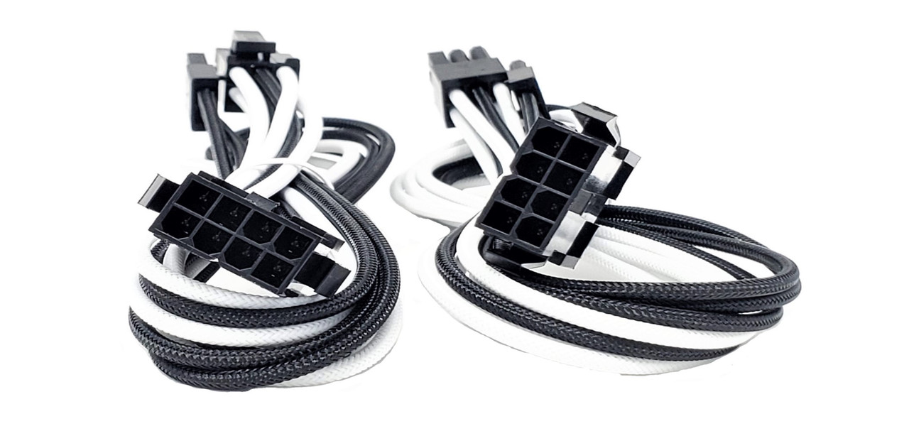 Premium Sleeved 8 (6+2) Pin PCI-e GPU Power Extension Cable – 45cm (1.5ft) – White/Black / 2 Pack 