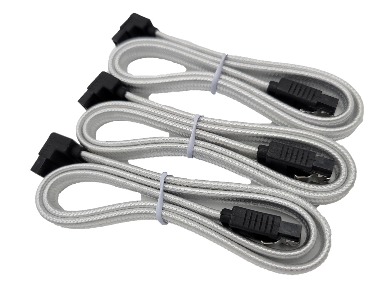20in SATA III Straight to Right Angle Sleeved Cable with Locking Latch (White, 3 pack)