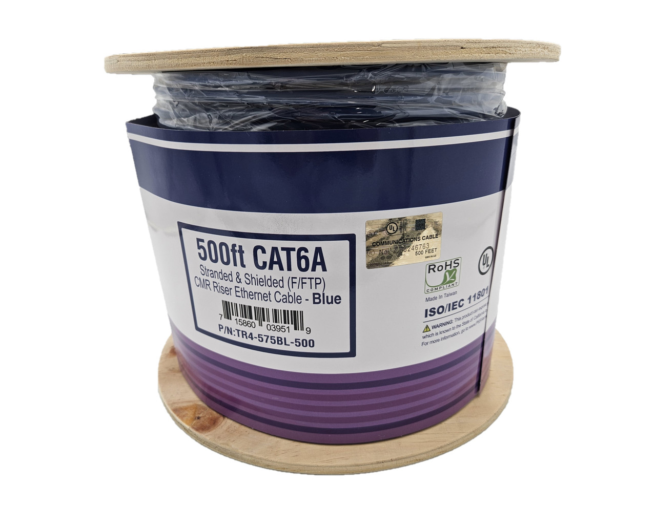 500 Feet Cat 6A Stranded & Shielded (F/FTP) CMR Riser Ethernet (26AWG) Cable-Blue