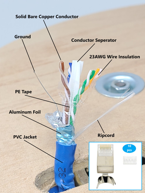 250 Feet CAT 6A Solid & Shielded (F/UTP) CMR Riser Bulk Ethernet Cable with 10-Pack Universal Shielded RJ45 Connectors - Blue