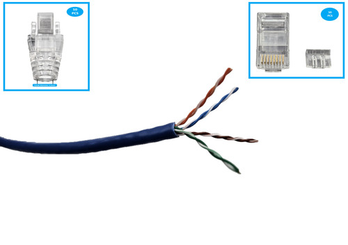 1000 Feet CAT6A Slim UTP Ethernet (28AWG) Bulk Cable Kit-Blue with 50-Boots/50-Connectors  