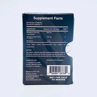 Urban Ice Organics | Kratom Capsules | Evening Recovery w/ Tumeric & Melatonin  | 10 Ct., Urban Ice Organics   EVENING  RECOVERY 10 CAPSULES    (.50 grams per capsule)  Ingredients: 100% All Natural 800 mg Mitragyna Speciosa Leaf powder 165 mg Turmeric Extract 95% Curcumin 2 mg Melatonin   This product has not been evaluated by the FDA and is not intended to treat, prevent, cure or diagnose any disease.    You must be 21 years old to purchase.