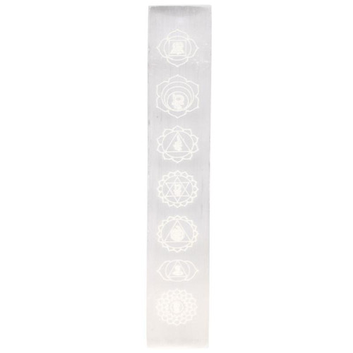 Selenite Charging Plate Engraved with 7 Chakra Symbols,  8" Stick