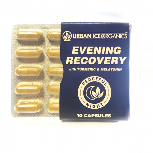 Urban Ice Organics | Kratom Capsules | Evening Recovery w/ Tumeric & Melatonin  | 10 Ct., Urban Ice Organics   EVENING  RECOVERY 10 CAPSULES    (.50 grams per capsule)  Ingredients: 100% All Natural 800 mg Mitragyna Speciosa Leaf powder 165 mg Turmeric Extract 95% Curcumin 2 mg Melatonin   This product has not been evaluated by the FDA and is not intended to treat, prevent, cure or diagnose any disease.    You must be 21 years old to purchase.