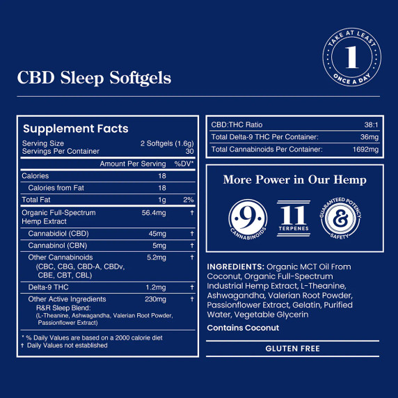 R&R CBD Sleep Softgels 45mg CBD and 5mg CBN / 6ct