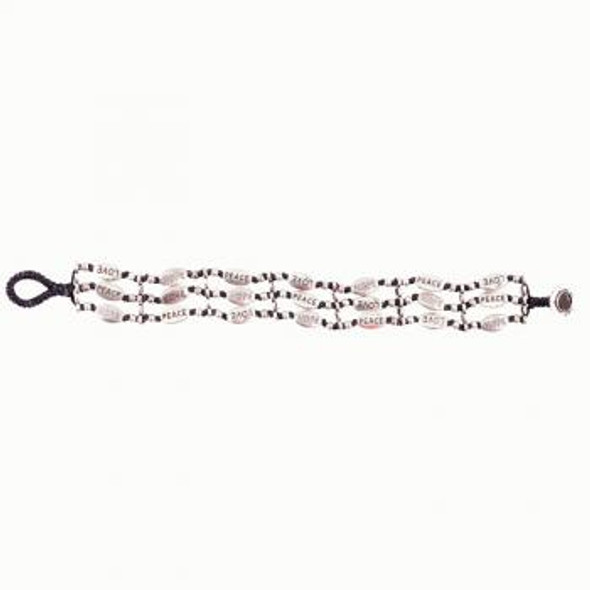 Three Strand Button Closure Bracelet With Hope, Peace And Love On Silver Beads