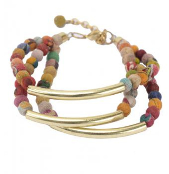 Adjustable Kantha Bead Bracelet with Gold Bar